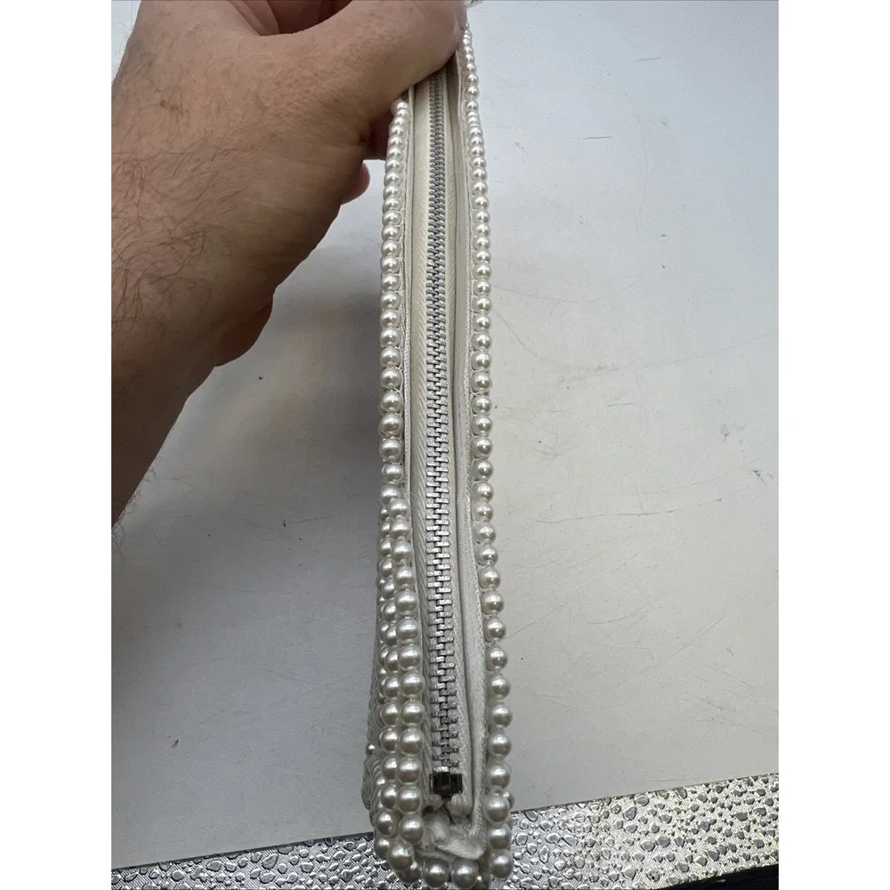 Vintage 1960s Ivory Cream Beaded‎ Small Clutch Zip Hand Made Japan Wedding